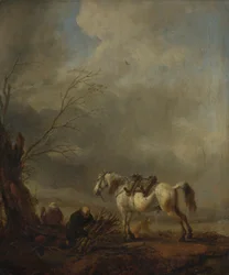 En hvid hest og en gammel mand, der binder brændeknipper